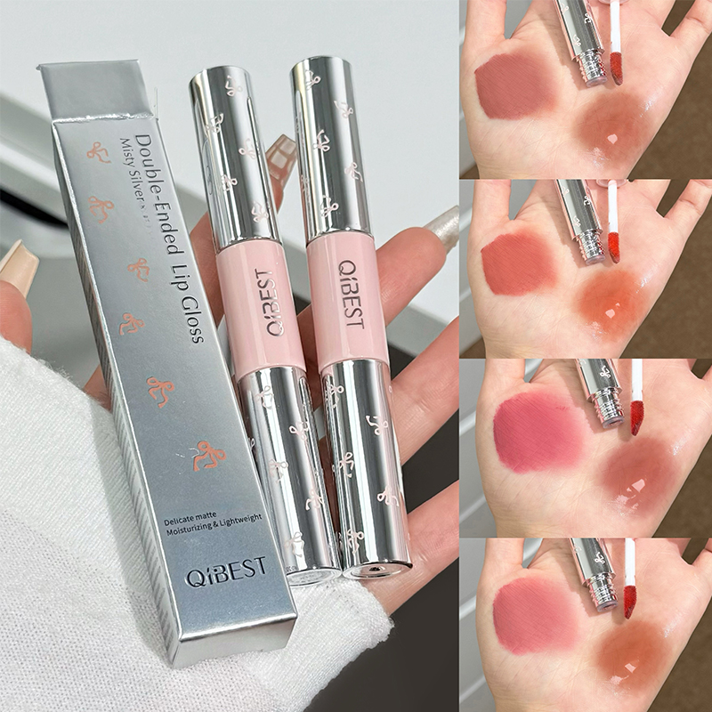 Lip Tint Korean - QIBEST ダブルヘッドマットベルベットリキッドリップスティック＆ウォータリーリップグロスティント 長持ちヌードオレンジリップグレイズ 韓国コスメ