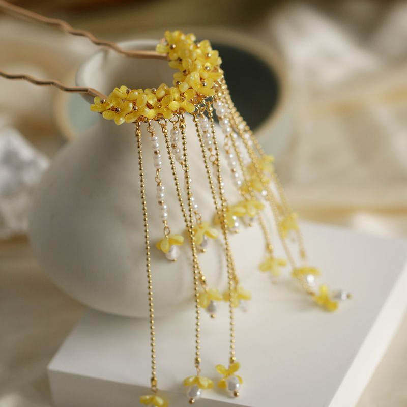 古代風のキンモクセイの花のヘアピン、タッセル付き、漢服のヘア - Hanbok Hair Pin のレビューと価格