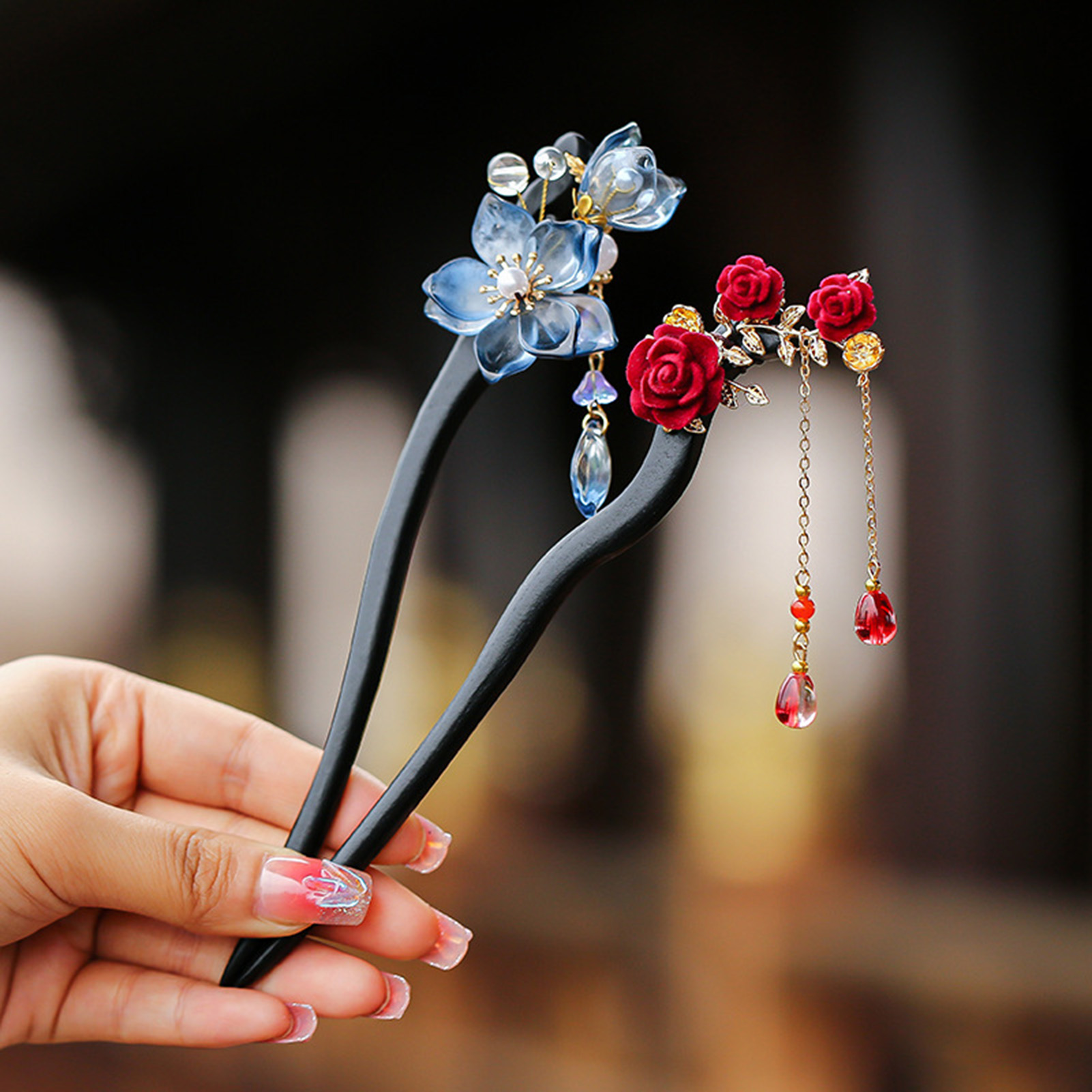 中国風の花のタッセルヘアピンヴィンテージ木製花柄パールヘアス - Hanbok Hair Pin のレビューと価格