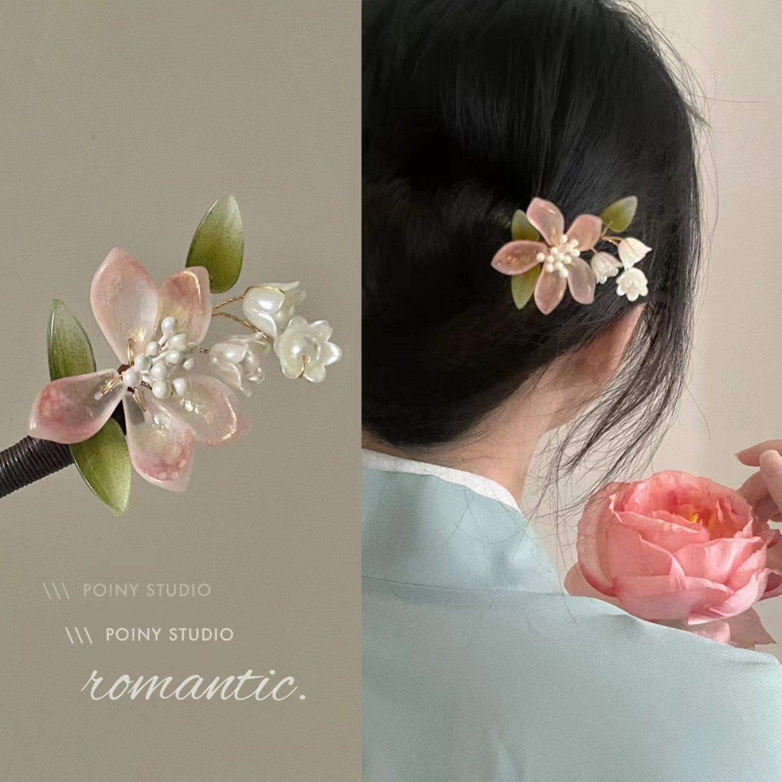 中国風の花のタッセルヘアピンヴィンテージ木製花柄パールヘアス - Hanbok Hair Pin のレビューと価格