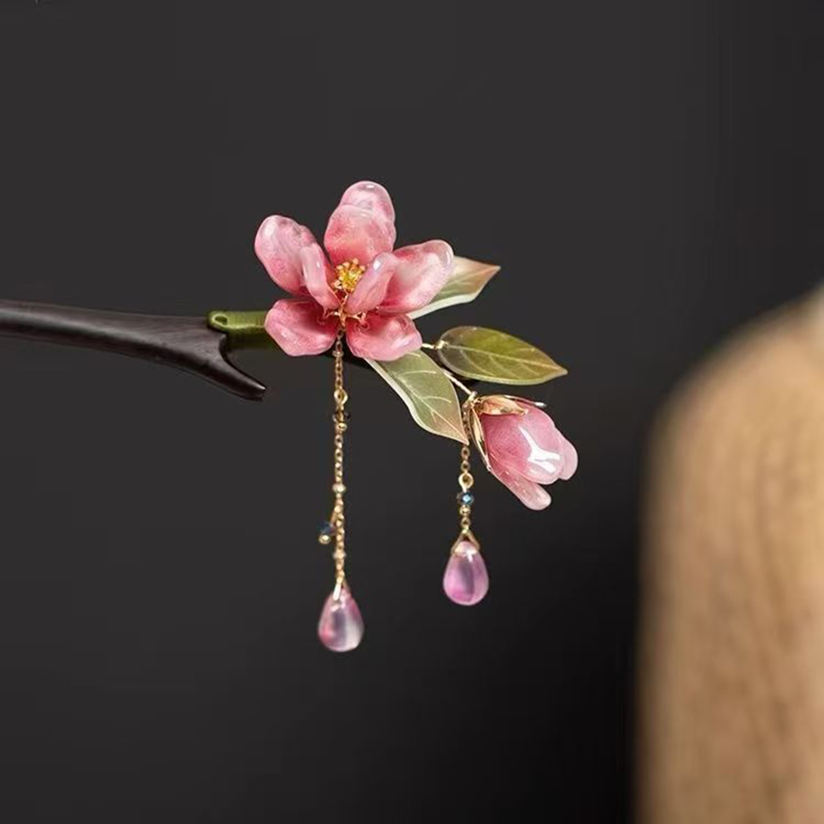 花柄ヘアスティック中国風ヘアピンピンクの花のタッセルレトロ伝 - Hanbok Hair Pin のレビューと価格
