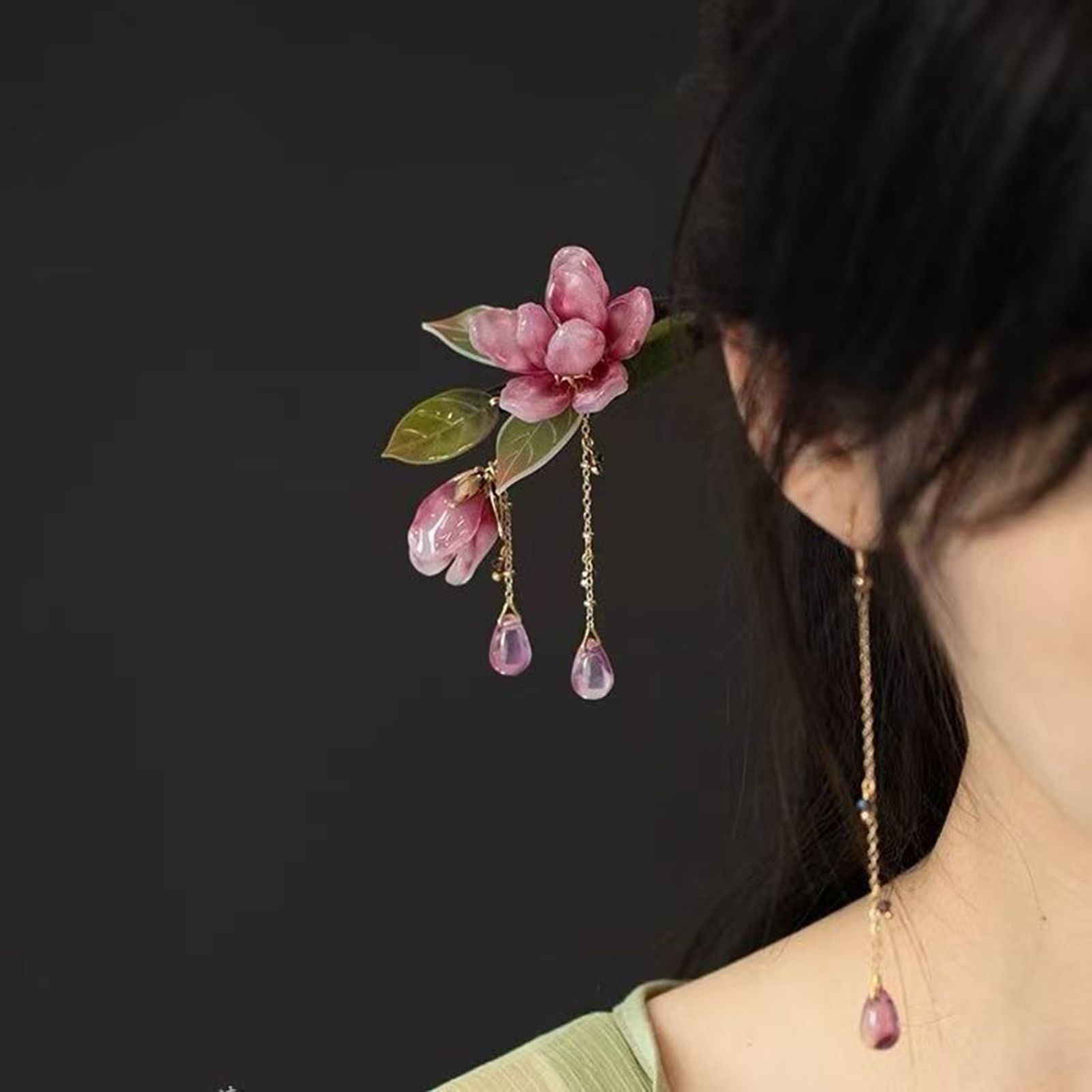 花柄ヘアスティック中国風ヘアピンピンクの花のタッセルレトロ伝 - Hanbok Hair Pin のレビューと価格