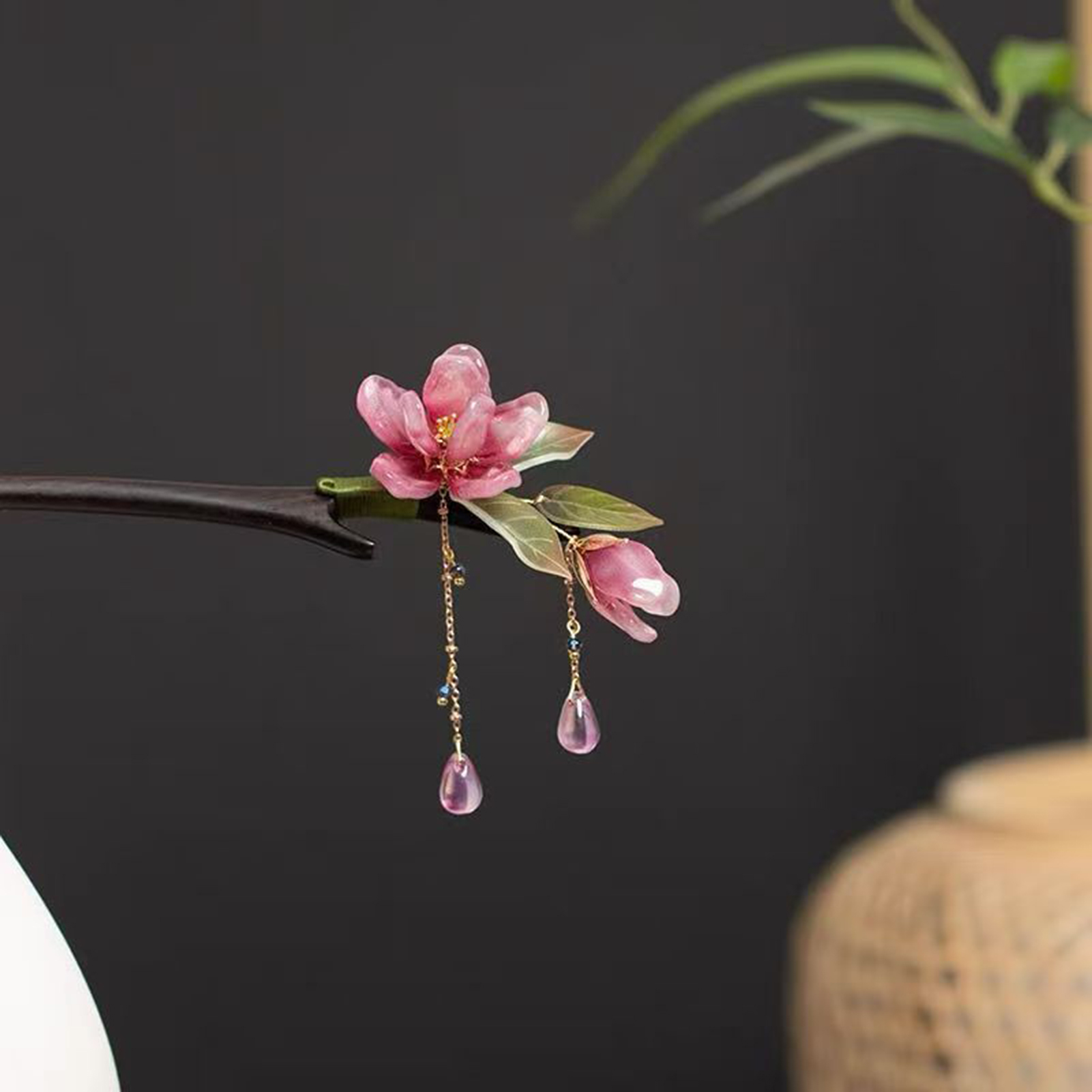 花柄ヘアスティック中国風ヘアピンピンクの花のタッセルレトロ伝 - Hanbok Hair Pin のレビューと価格